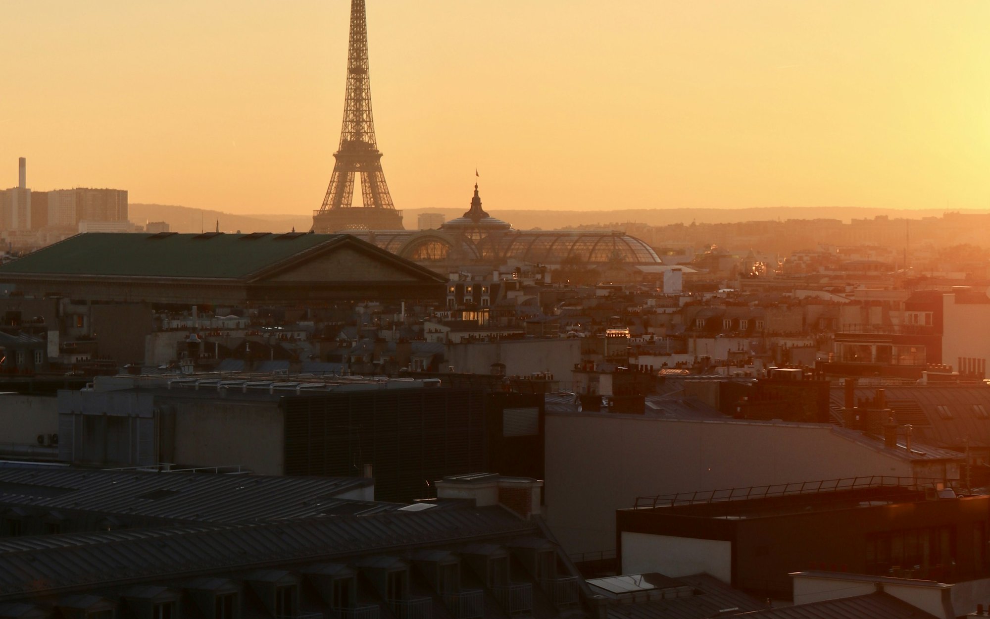 The Eiffel Tower at sunset over the rooftops of Paris